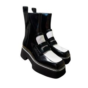 🖤 Jeffrey Campbell Tuxie Bootie 🖤 Black & White Platform Patent Loafer Boots 5.5